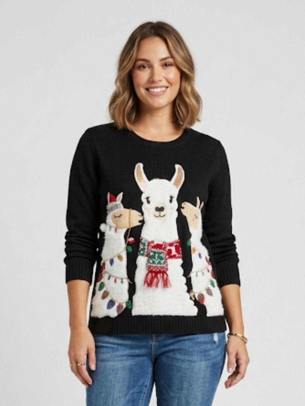 Karen Scott Black Sweater with Festive Llama Appliqués Size XS
